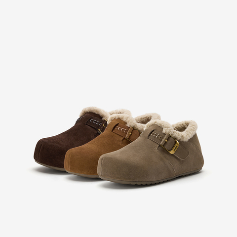 Bata勃肯鞋女2025冬商场新款英伦牛剖皮保暖厚底毛毛单鞋31503DM5