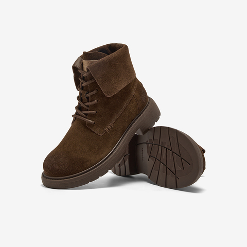 Bata英伦马丁靴女2025冬商场新款牛剖皮粗跟绒面短靴AD742DD5