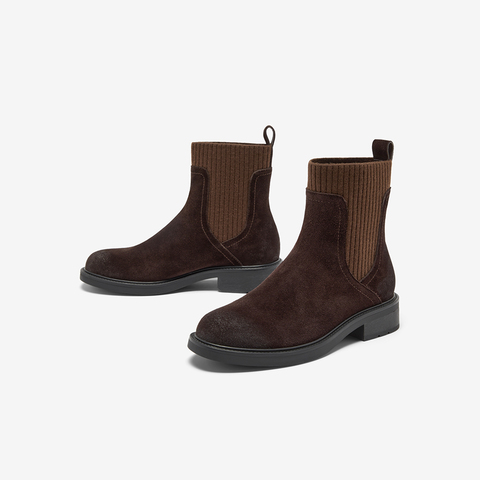 Bata瘦瘦靴女2025冬新款牛剖皮英伦风粗跟袜靴弹力短靴6505ADZ5