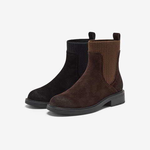 Bata瘦瘦靴女2025冬新款牛剖皮英伦风粗跟袜靴弹力短靴6505ADZ5