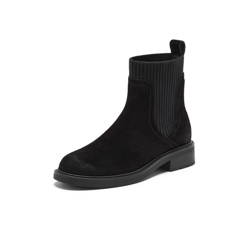 Bata瘦瘦靴女2025冬新款牛剖皮英伦风粗跟袜靴弹力短靴6505ADZ5