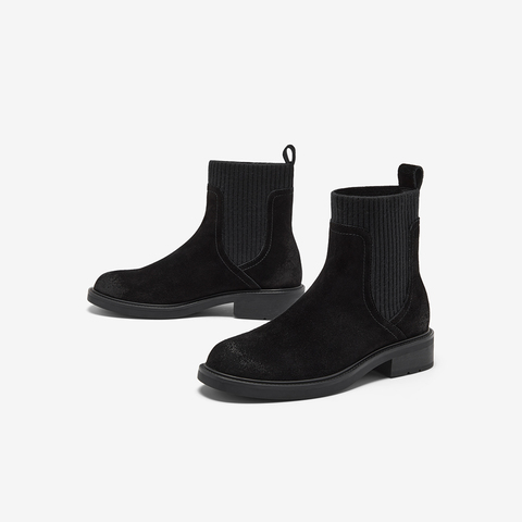 Bata瘦瘦靴女2025冬新款牛剖皮英伦风粗跟袜靴弹力短靴6505ADZ5