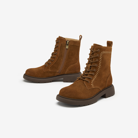 Bata英伦马丁靴女2025冬新款牛剖皮粗跟绒面百搭短筒靴AD745DD5