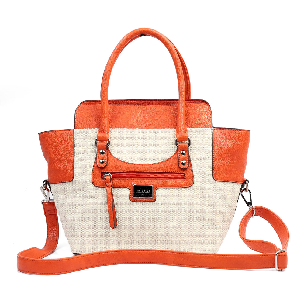 belle/百丽箱包夏季米白编织布配桔红荔纹pu革手袋x1506bx2