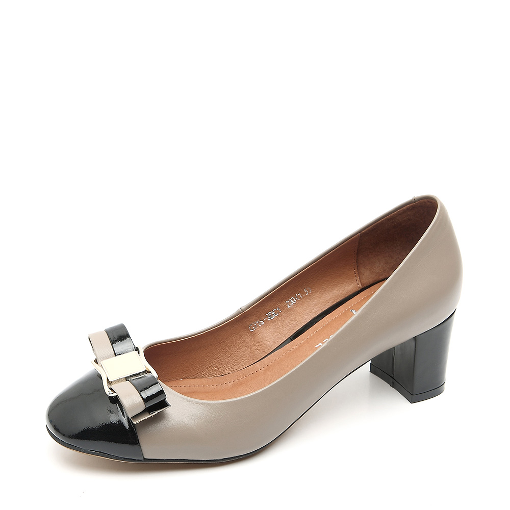 belle/百丽2012秋季杏色牛皮/黑色漆皮粗跟鞋 716-3d