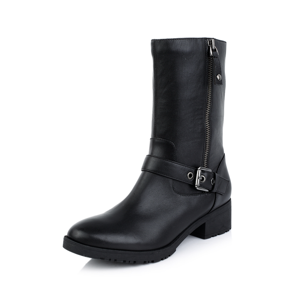 belle/百丽黑色小牛皮bcv65dz4女靴(绒里)冬季