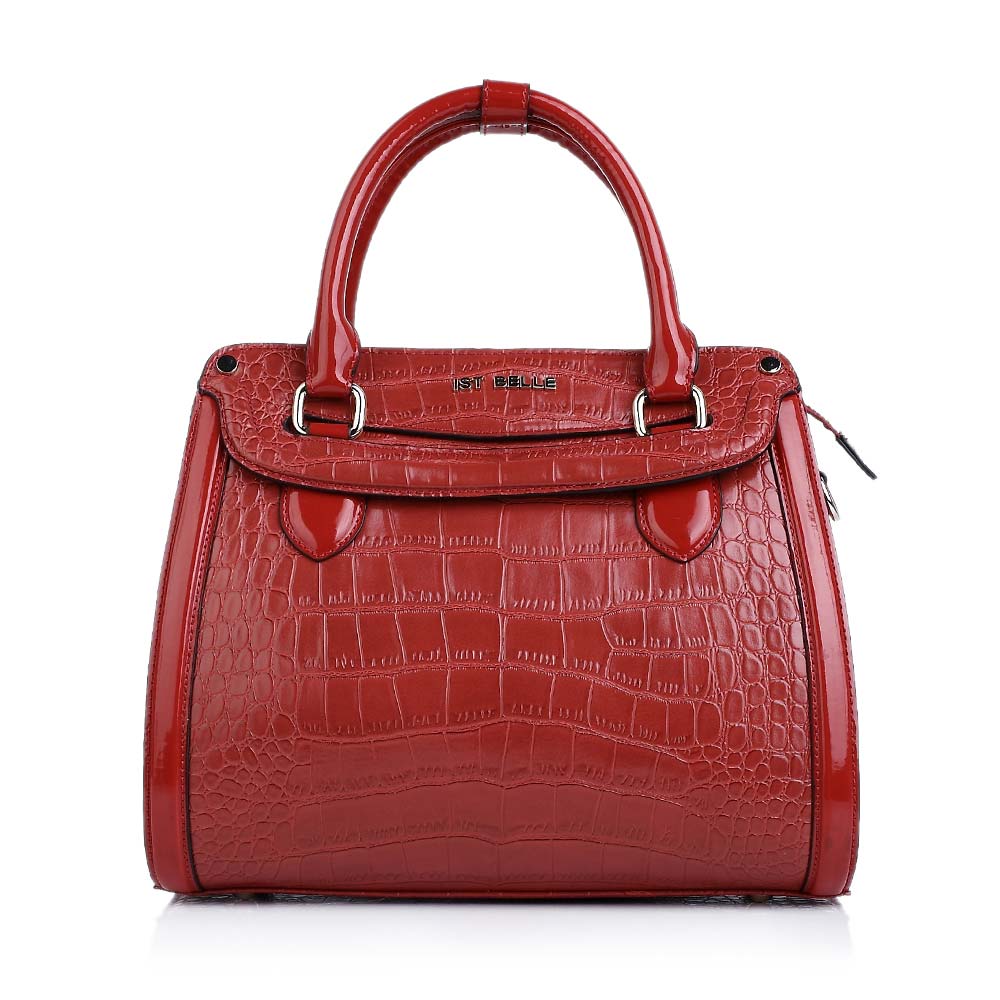 ist belle/百丽箱包2014秋暗红压花配红色漆人造革手袋x0104cx4