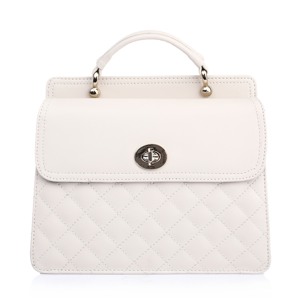 ist belle/百丽箱包2015年春季米白色pu革车菱格多层手提单肩女包