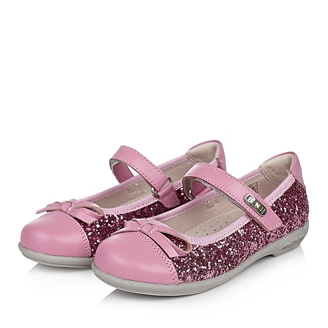 Belle/百丽童鞋2015夏季新款粉色头层皮/纺织物女小童皮鞋灯鞋DB0057