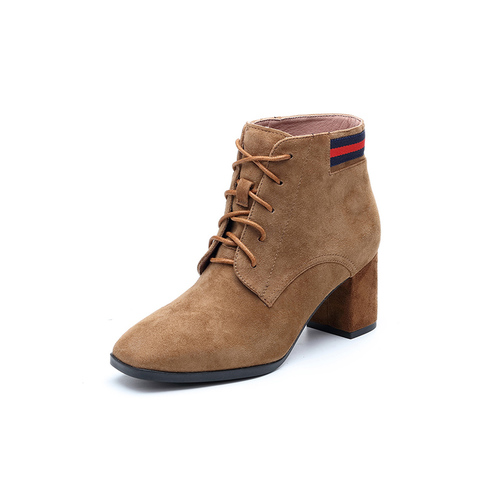 BELLE/百丽冬季专柜同款棕色羊绒皮女短靴BQW40DD7