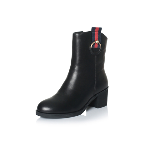 BELLE/百丽冬季专柜同款黑色水染牛皮女短靴R8S1DDD7