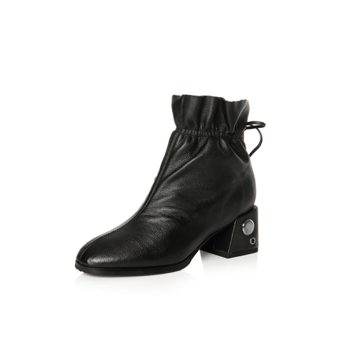 BELLE/百丽冬专柜同款黑色摔纹油皮小牛女皮靴BXU40DD7