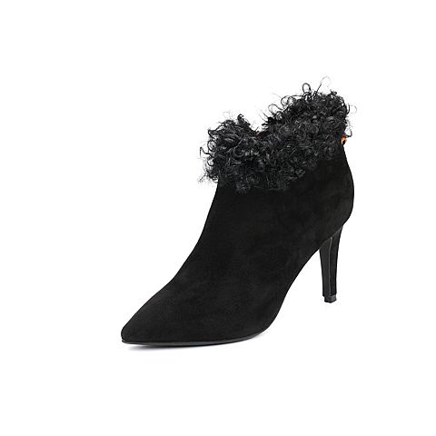 BELLE/百丽冬季专柜同款黑色羊绒皮革/羊卷毛皮革女皮靴（绒里）S1F1DDD7