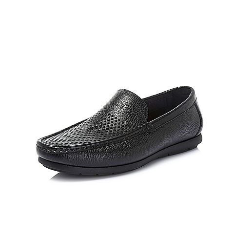 BELLE/百丽夏季商场同款黑色荔纹牛皮革男乐福鞋皮鞋34604BM8