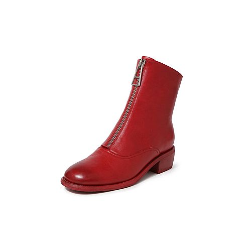 BELLE/百丽冬商场同款牛皮革女粗跟皮靴短靴U4X1DDD9