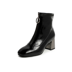 BELLE/百丽2019冬新商场同款前拉链皱漆女皮短靴(绒里)3G248DD9
