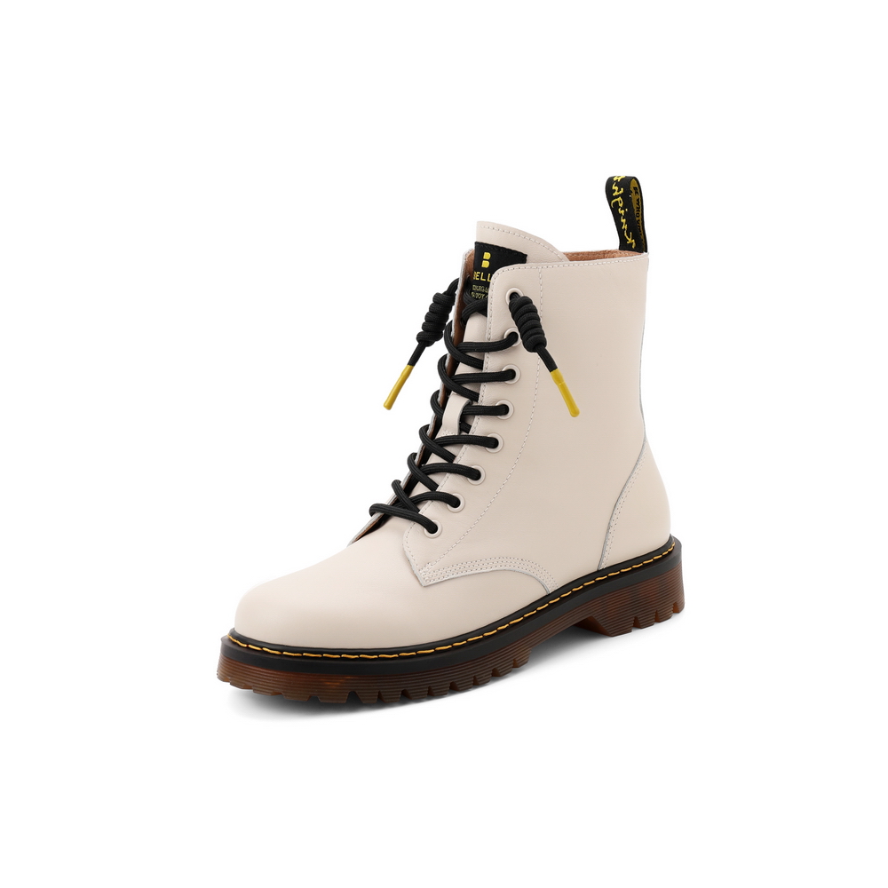 百丽粗跟马丁靴女商场同款牛皮加绒8孔皮短靴bhf60dz0 黑色薄绒里 38