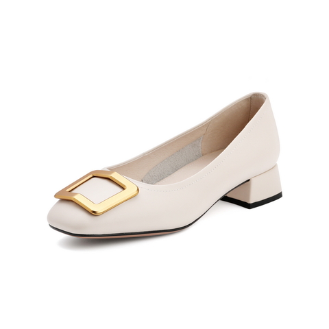 百丽方扣单鞋2021商场同款女牛皮革复古方头中跟鞋W5T1DAQ1