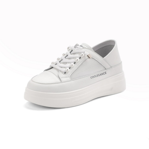 百丽2021夏新女珍珠拼接厚底小白鞋网面休闲松糕板鞋B0329BM1