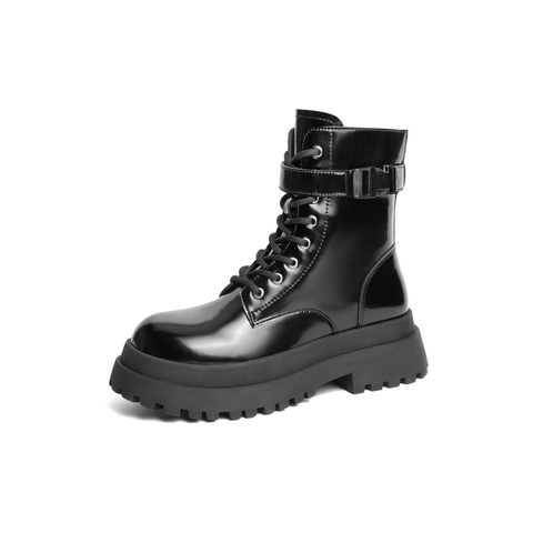 百丽潮酷厚底靴女2021冬新时尚金属扣英伦风女靴B0678DZ1