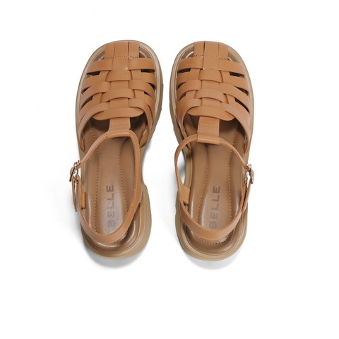 百丽厚底猪笼鞋女2023夏新商场同款牛皮革度假风罗马凉鞋BK734BL3