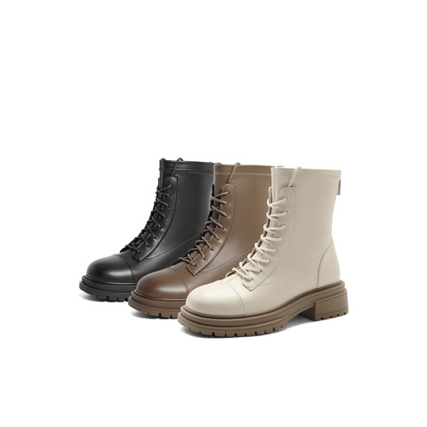 百丽质感弹力靴女2023冬新粗跟增高舒适绑带短靴B1571DD3