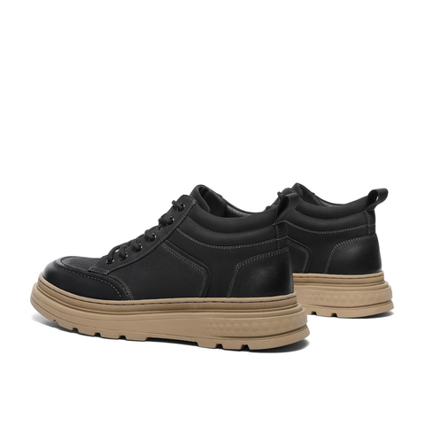 百丽复古擦色休闲鞋男2023冬新牛皮革厚底高帮板鞋加绒A1332DD3