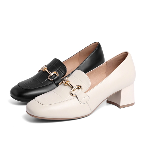 百丽舒适乐福鞋女2023春新羊皮革简约百搭通勤高跟单鞋B0963AA3