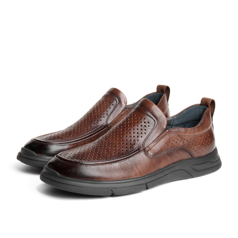 百丽打孔透气休闲鞋男鞋2023夏牛皮革舒适一脚蹬商务皮鞋A1337BM3