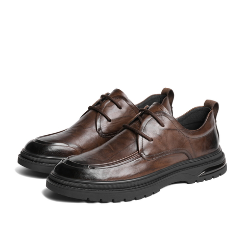 百丽通勤商务鞋男士2024春季新款牛皮革褶皱低帮休闲皮鞋A1365AM4