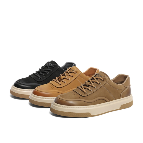 百丽潮搭休闲鞋男鞋2024春季新款牛皮革厚底低帮工装板鞋A1413AM4