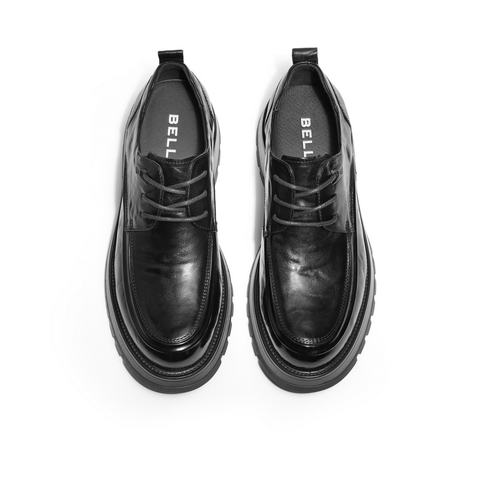 百丽褶皱商务鞋男2024春季新牛皮革厚底正装系带皮鞋加绒A1422AM4