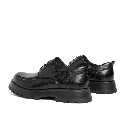 百丽褶皱商务鞋男2024春季新牛皮革厚底正装系带皮鞋加绒A1422AM4