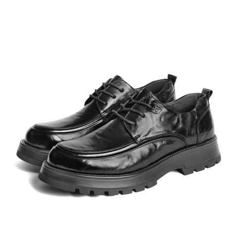 百丽褶皱商务鞋男2024春季新牛皮革厚底正装系带皮鞋加绒A1422AM4