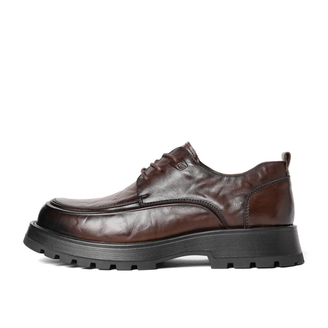 百丽褶皱商务鞋男2024春季新牛皮革厚底正装系带皮鞋加绒A1422AM4