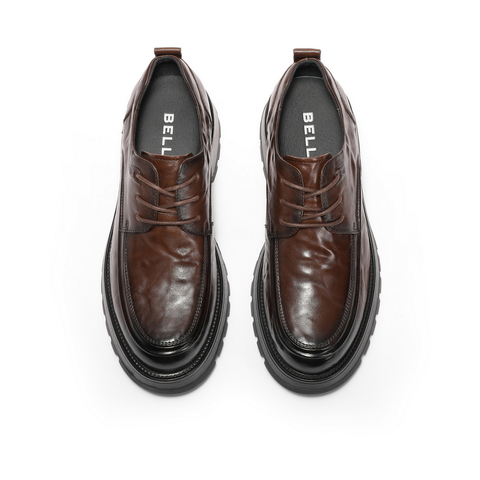 百丽褶皱商务鞋男2024春季新牛皮革厚底正装系带皮鞋加绒A1422AM4