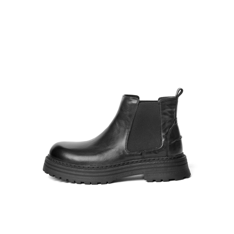 百丽潮搭休闲靴男2024冬新商场同款牛皮厚底切尔西靴加绒8NC02DD4