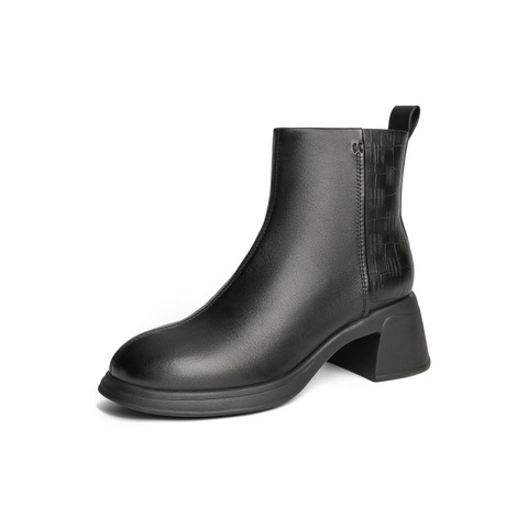 百丽气质时装靴女2024冬新商场同款真皮粗跟通勤短靴3A645DD4