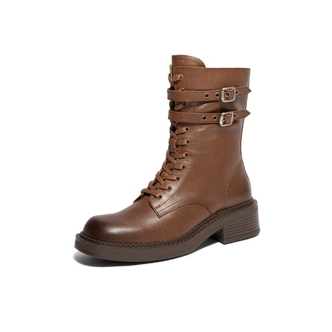 百丽时尚短筒马丁靴女2024冬新真皮休闲时髦短靴3KW60DZ4