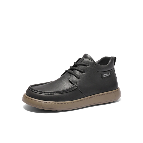 百丽高帮休闲工装鞋男2024冬新款牛皮革户外厚底短靴加绒A1846DD4