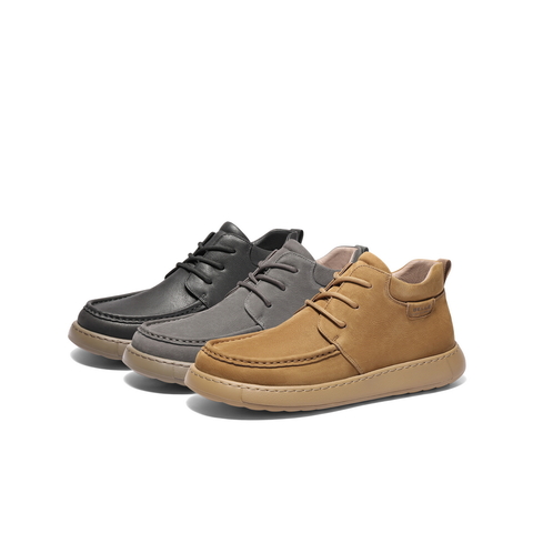 百丽高帮休闲工装鞋男2024冬新款牛皮革户外厚底短靴加绒A1846DD4