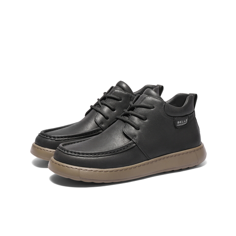 百丽高帮休闲工装鞋男2024冬新款牛皮革户外厚底短靴加绒A1846DD4