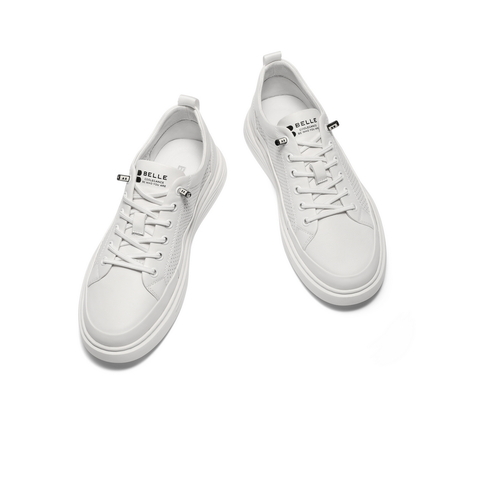 百丽青春减龄小白鞋男款2024夏新牛皮革打孔透气休闲板鞋A0912BM4