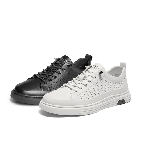 百丽青春减龄小白鞋男款2024夏新牛皮革打孔透气休闲板鞋A0912BM4