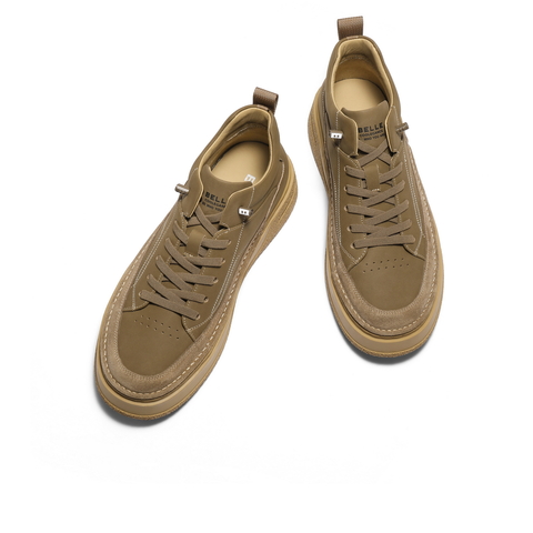 百丽高帮休闲板鞋男鞋秋款厚底增高免系带潮搭工装短靴加绒A2246DD4