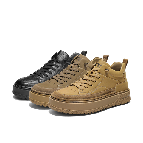 百丽高帮休闲板鞋男鞋秋款厚底增高免系带潮搭工装短靴加绒A2246DD4