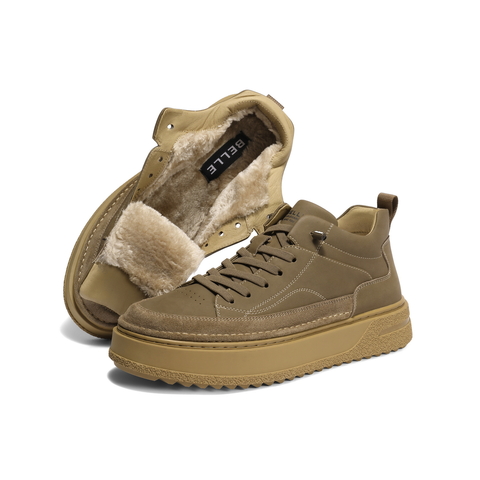 百丽高帮休闲板鞋男鞋秋款厚底增高免系带潮搭工装短靴加绒A2246DD4