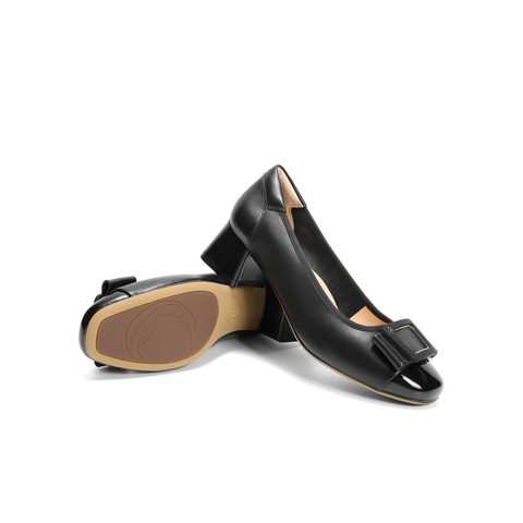 百丽舒适优雅单鞋女2025春新真皮蝴蝶结方跟鞋D3S1DAQ5