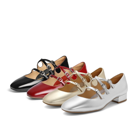 百丽方头玛丽珍鞋女25春新商场同款真皮三条带单鞋BR404AQ5