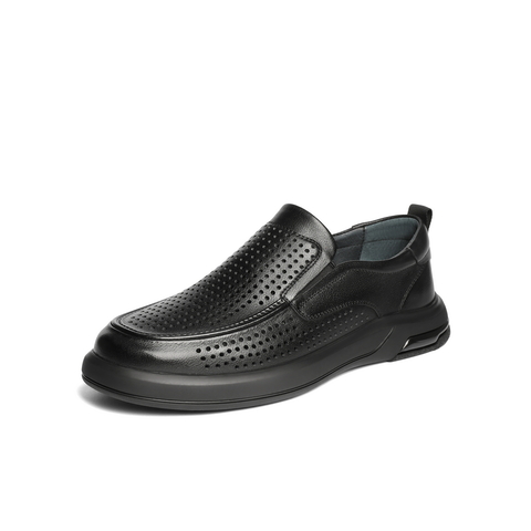 百丽打孔透气商务鞋男2025夏新牛皮革厚底一脚蹬休闲皮鞋A1937BM5